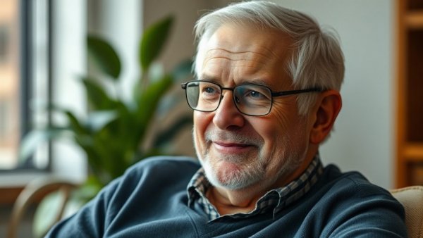 Elderly man in glasses smiling comfortably, Iran nuclear bomb global finance theme.