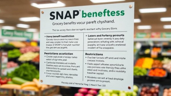 SNAP benefits sign in grocery store with fruits in background.