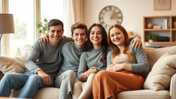 Happy family relaxing together in cozy living room.