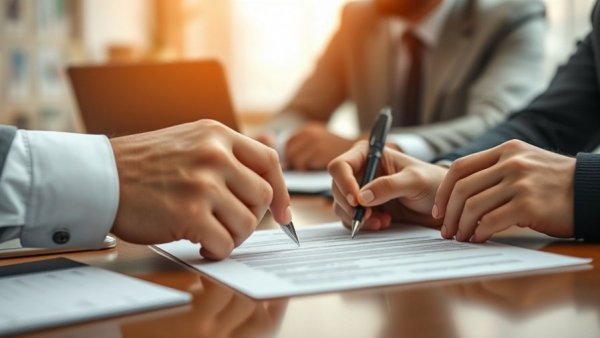 Business evaluation meeting with document signing.