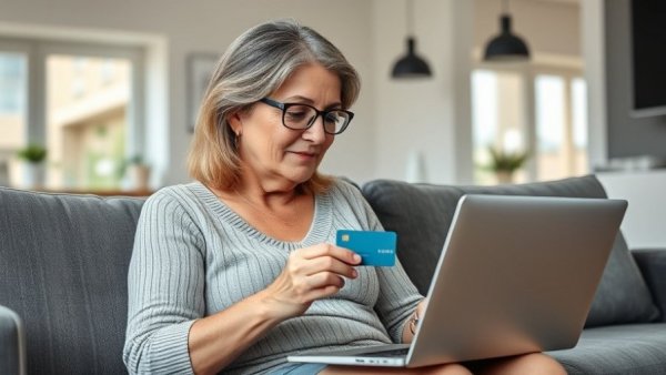 Middle-aged woman engaged in online finances, casual home setting for simple money habits for retirement.