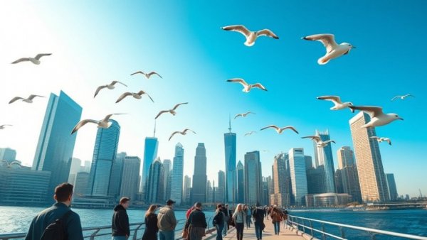 Modern city skyline with people and seagulls; Gulf states wartime borrowing