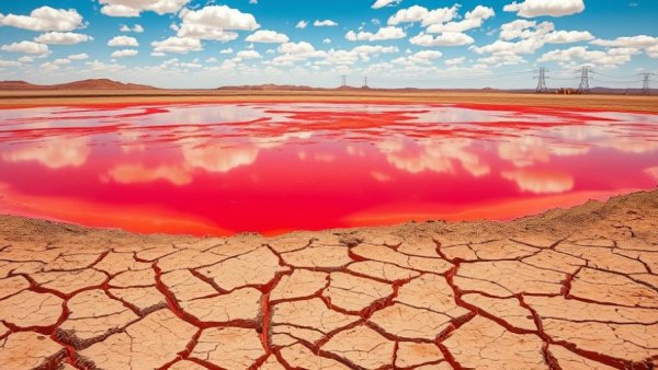 Toxic dust impact from Salton Sea showing red water and arid landscape.