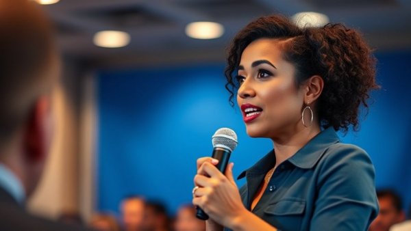 Latina entrepreneur discussing economic investment at an event.