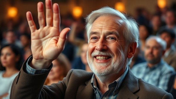 Older man smiling and waving at a crowd during an event