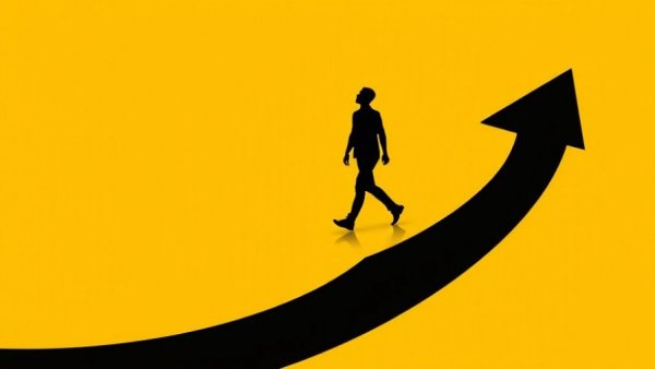 Symbolic journey toward success with a rising arrow path.