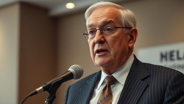 Elderly gentleman speaking into microphone, formal setting.