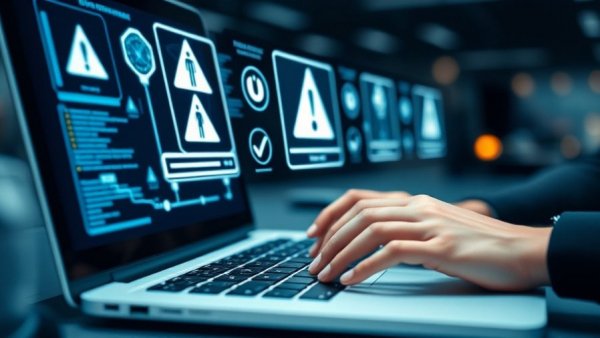Hands typing on a laptop with digital warning icons.
