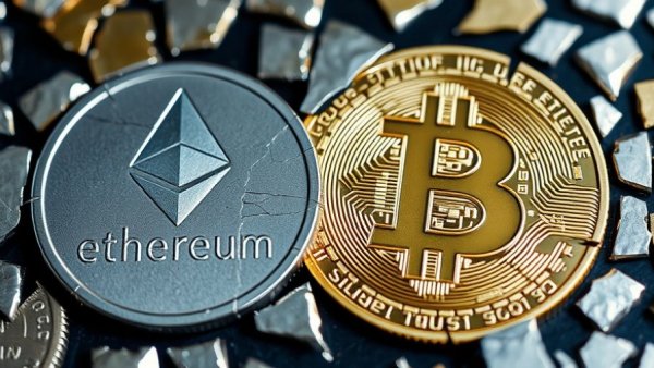 Ethereum and Bitcoin coins representing crypto volatility.