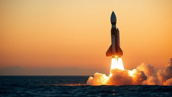 AST SpaceMobile satellite launch at dawn, rocket ascending.