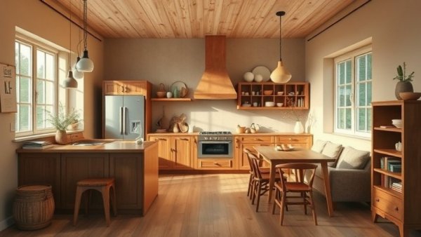 Elegant minimalist kitchen designed by Rose Uniacke with warm tones and wood.