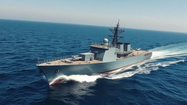 Naval ship sailing at sea, potential impact on Iran trade