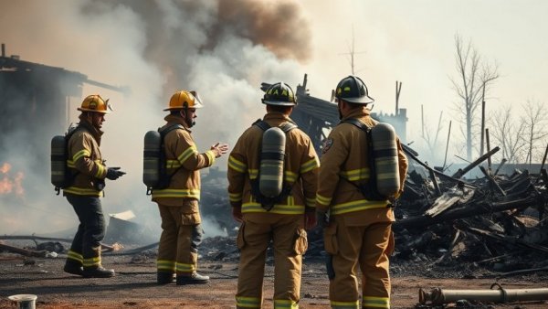 Homeowner insurance scenario: Firefighters inspect house debris.