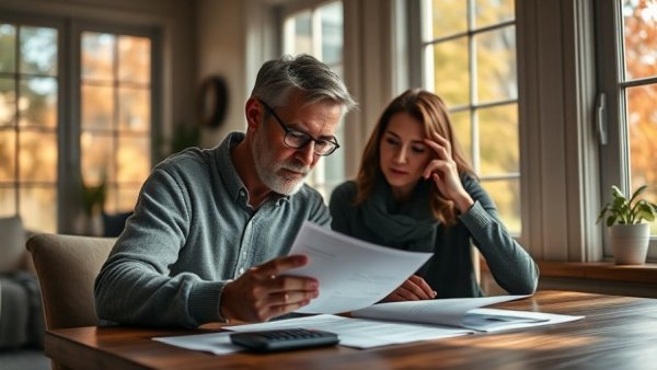 Focused couple reviewing financial documents considering the cost to refinance a mortgage.