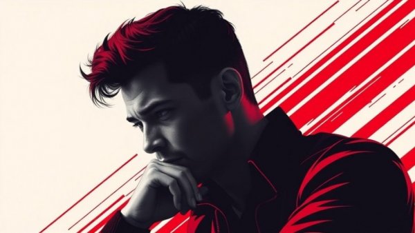 Stylized red portrait of a man against striped background.