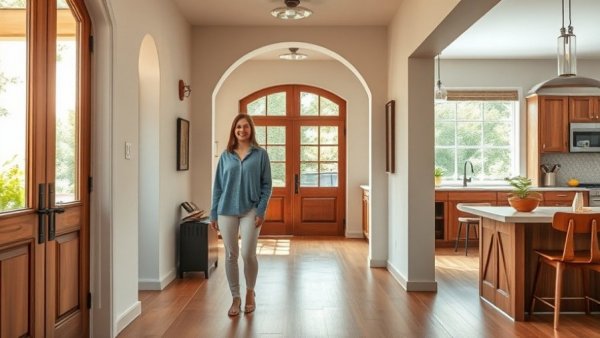 Toronto home designed with natural materials, showcasing entryway and kitchen.