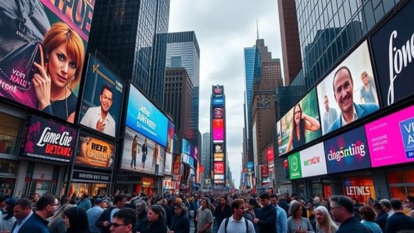 Times Square bustling with crowds and digital billboards.