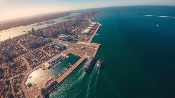 Aerial view of South African coastal city with busy harbor.