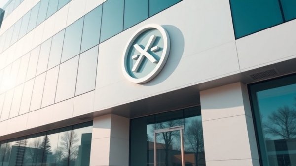 Corporate building facade with prominent logo, buy sell business theme.