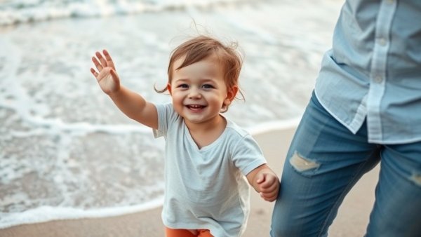 Happy toddler supported by parent near ocean, raising successful kids.