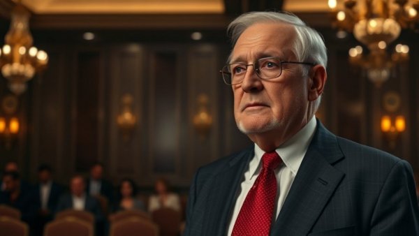Elderly man in suit offering investing advice in a dimly lit room.
