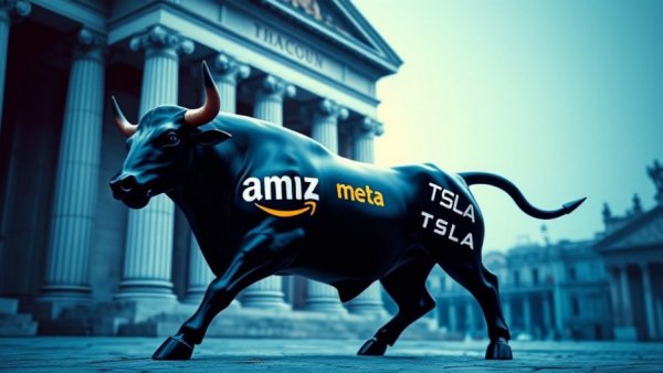 Big Tech symbolism with bull and company logos for import export.