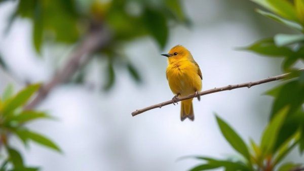 Yellow bird perched on branch in lush green foliage, Tree Care