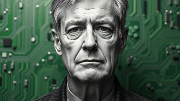 Monochrome portrait with green circuit background related to Grok writers.