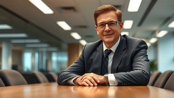 Confident businessman in formal attire, relaxed in office, AI in Global Finance.