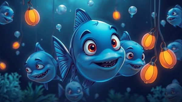 Whimsical cartoon fish avoiding hooks, themed around gift card scams.