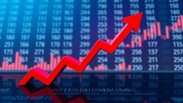 Rising stock market trend with upward red arrow, buy sell business.