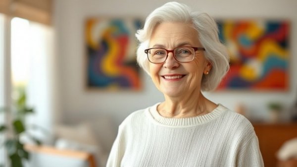 Elderly woman in a floral dress, smiling indoors, class action lawsuit scams.