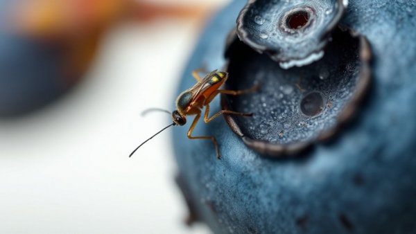 Close-up view of an insect on a blueberry for biological control of spotted-wing drosophila.
