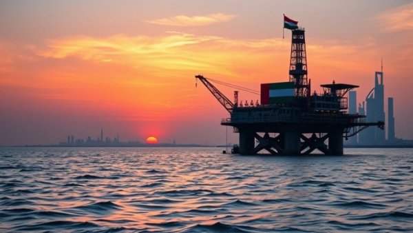 Sunset view of UAE oil platform with Dubai skyline, UAE leaves OPEC.