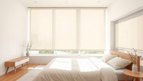 Minimalist bedroom featuring total blackout shades.