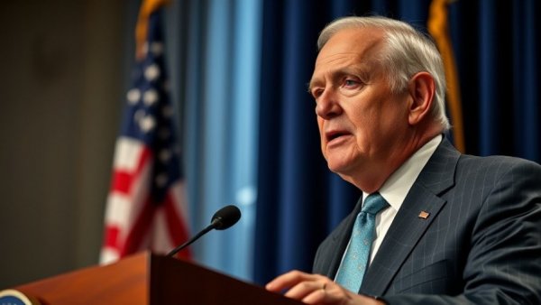 Man speaking at a podium with flag backdrop, symbolizing Jerome Powell's Federal Reserve position.