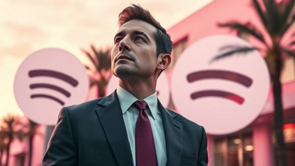 UMG selling Spotify stake with businessman and pink city backdrop.
