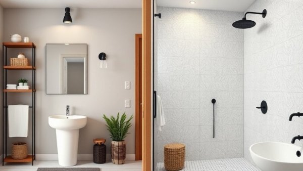 Stylish budget-friendly bathroom updates with contrasting designs.