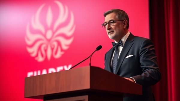 King Charles and Queen Camilla at a gala, man speaking at podium.