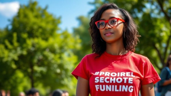 More School Funding Rally participant wearing red shirt outdoors.