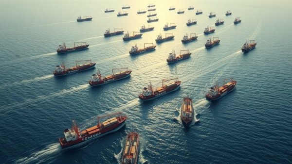 Aerial view of cargo ships at sea with abstract lines and Credendo logo.
