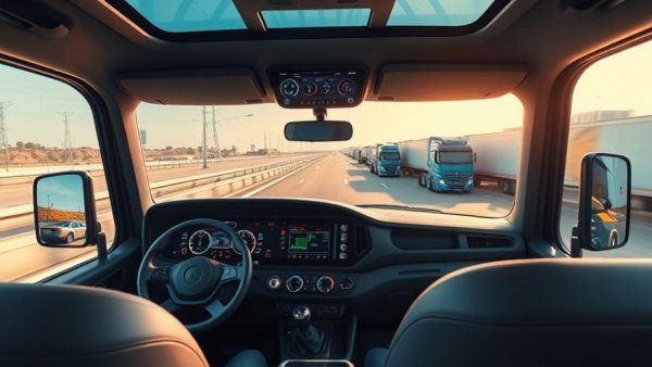 Modern truck cab during autonomous truck deployment on highway.