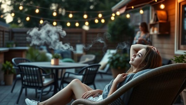 Patio prepared for summer with woman relaxing amid plants and lights.