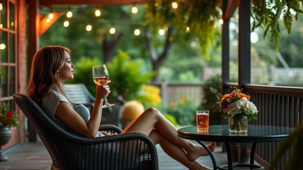 Woman relaxing on patio for summer, enjoying a tranquil evening.