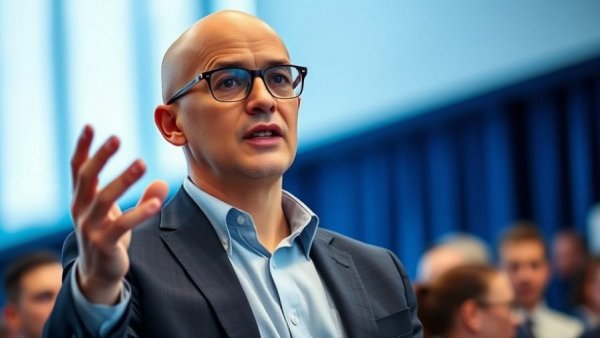 Business leader gesturing during a conference for Microsoft stock forecast discussion.