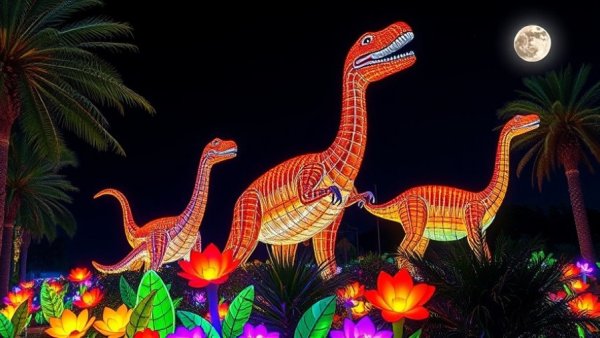Dino Safari Light Festival featuring illuminated dinosaur sculptures at night.