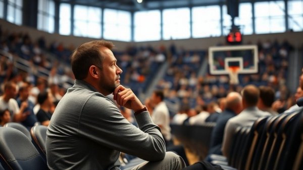 Thoughtful man in a sports setting at a basketball game.