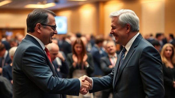Business professionals shaking hands at a conference, Berkshire Hathaway.