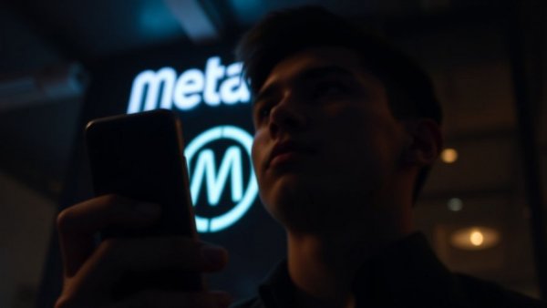 Close-up smartphone with face and blurred Meta logo, buy sell business