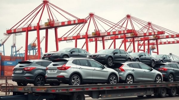 Cars on trailer at port, highlighting import-export impact
